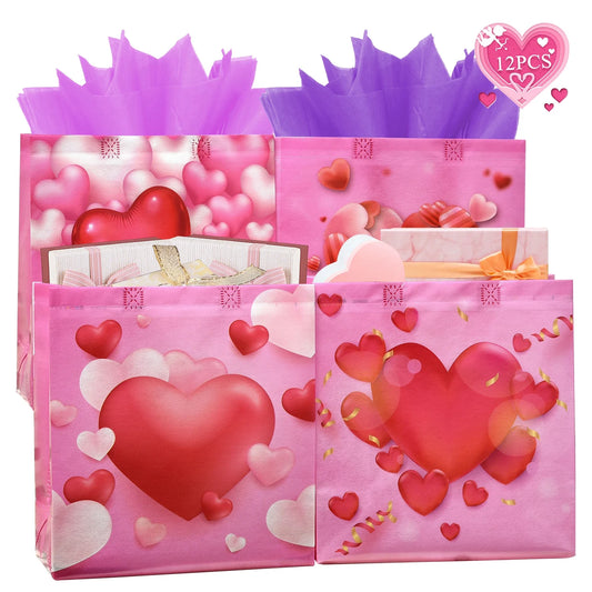 12PCS Happy Valentines Day Reusable Gift Bags, Treat Bags with Handles, Valentines Day Party Bags, Multifunctional Non-Woven Valentines Bags for Gifts Wrapping, Valentines Party Supplies(Red)