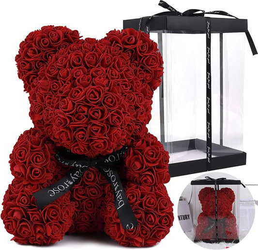 10-Inch Rose Flower Bear Gifts for Valentine'S Day,Mother'S Day,Christmas（Wine Red）